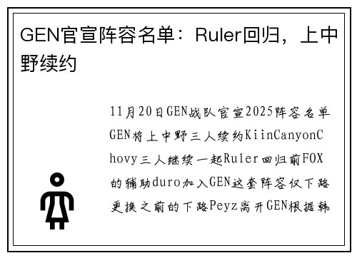 GEN官宣阵容名单：Ruler回归，上中野续约