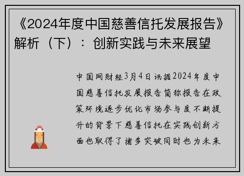 《2024年度中国慈善信托发展报告》解析（下）：创新实践与未来展望