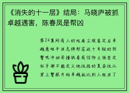 《消失的十一层》结局：马晓庐被抓卓越遇害，陈春凤是帮凶
