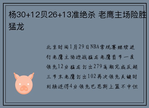 杨30+12贝26+13准绝杀 老鹰主场险胜猛龙