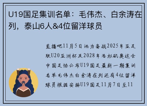 U19国足集训名单：毛伟杰、白余涛在列，泰山6人&4位留洋球员