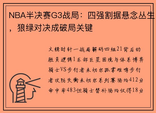 NBA半决赛G3战局：四强割据悬念丛生，狼绿对决成破局关键